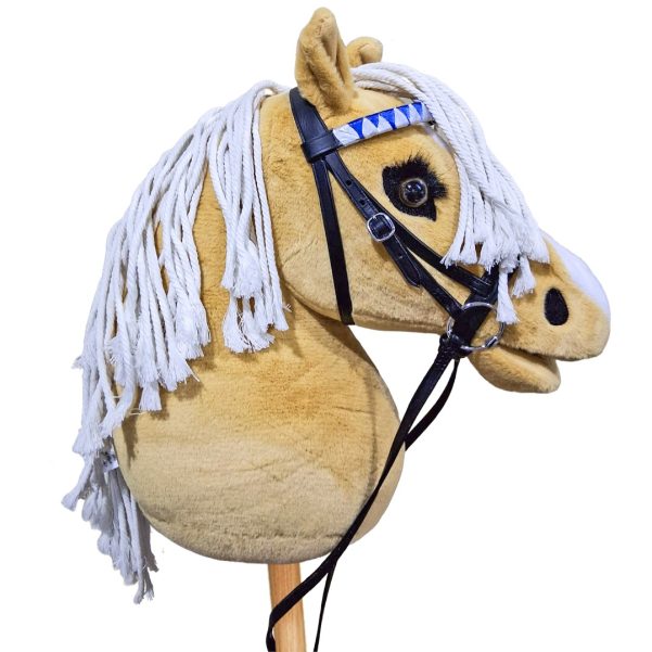 Equimed Hobby Horse Showing Bridle – English Leather with Functional Buckles – Blue &White Show Browband – Fits Equimed Standard and Meduim Hobby Horses