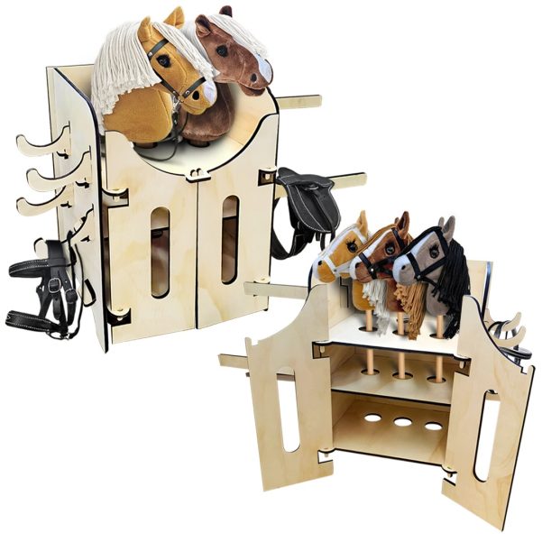 Equimed Hobby Horse Stable – Wooden Stable with Saddle & Bridle Holders – Fits 3 Hobby Horses – Durable Equestrian Toy Storage Display