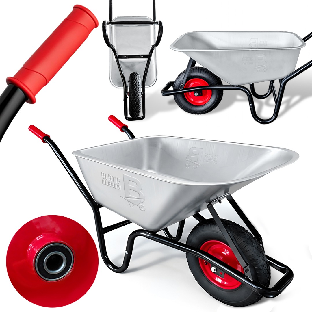 100 LITRE HEAVY DUTY BERTI BUILDERS BARROW 0.9MM GALVANISED BODY PNEUMATIC TYRES 250KG