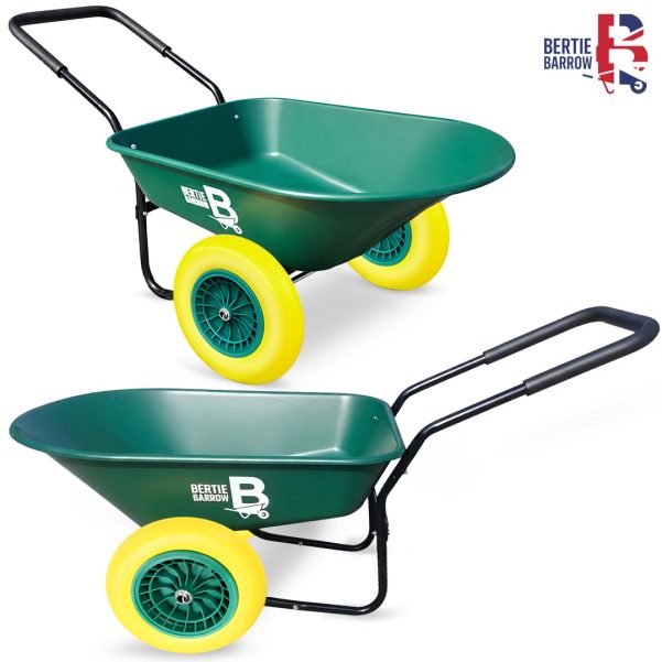 Bertie 70L Plastic Two Wheel Puncture Proof Tyres Wheelbarrow – with Pram Handle Rust-Proof Plastic Tray Ideal for Gardening, Stables, DIY & Landscaping