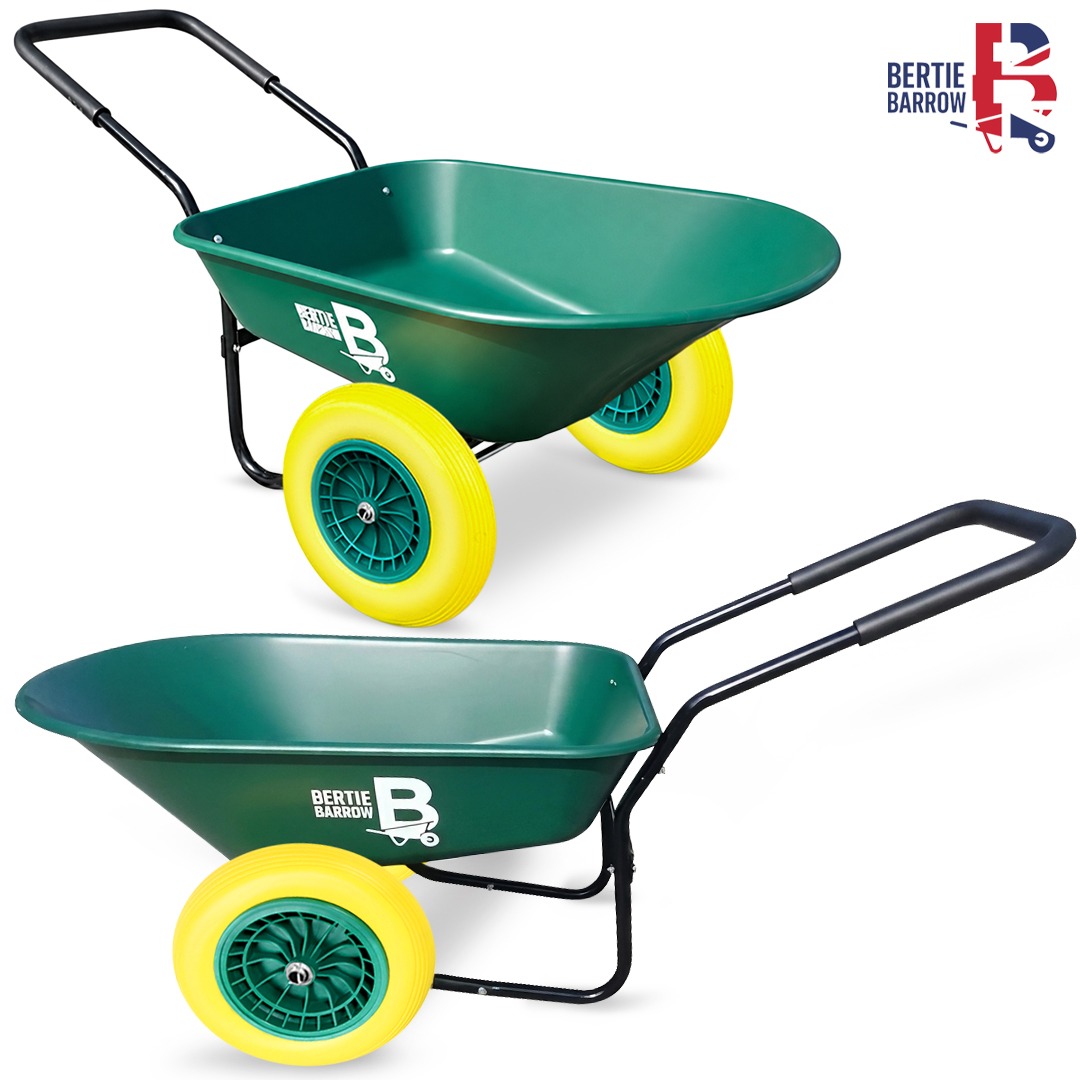 Bertie 70L Plastic Two Wheel Puncture Proof Tyres Wheelbarrow – with Pram Handle Rust-Proof Plastic Tray Ideal for Gardening, Stables, DIY & Landscaping
