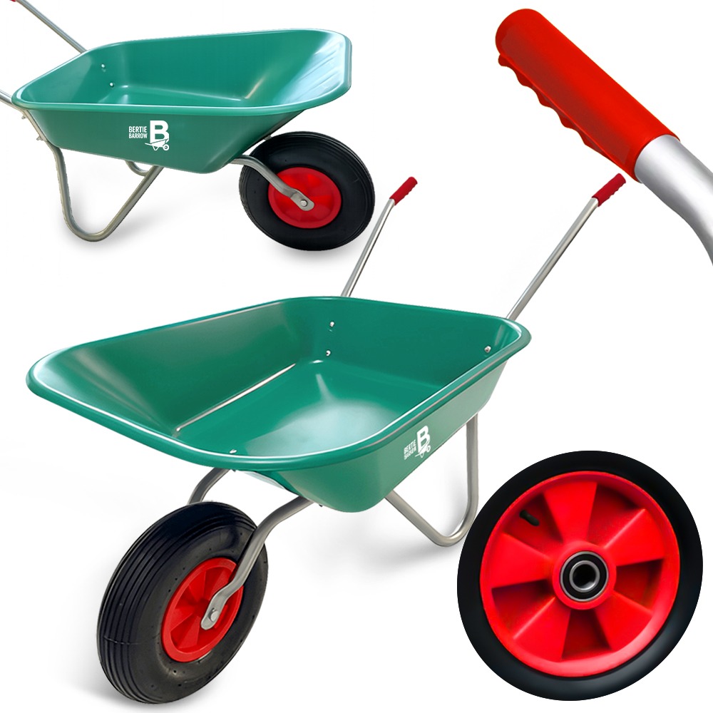 Bertie Barrow Garden Wheelbarrow 65 Litre – Green Plastic Wheelbarrow with Pneumatic Tyre, 200kg Load Capacity, Rustproof Heavy Duty Single Wheel Garden Barrow for Soil, Compost, Plants & Garden Waste